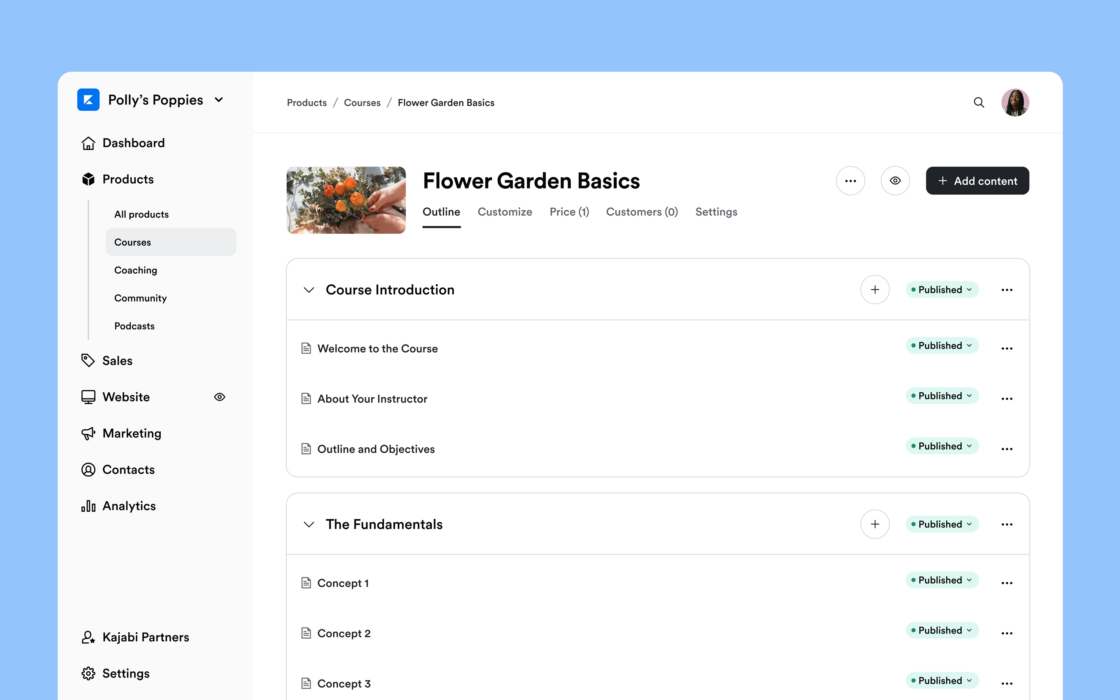 Kajabi course outline interface